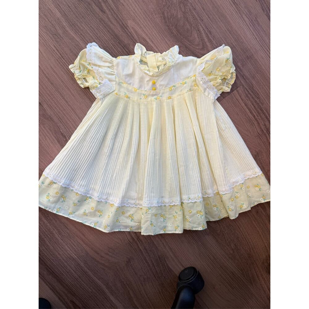 Vintage JCPenney Toddle Time Girls Yellow Floral Lace Pleated Dress 3T